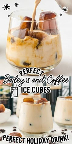 an ice cream sundae is being poured into a glass bowl with the words perfect bailey's and coffee on it