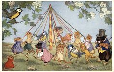 an illustration of mice playing on a merry - go - round with people dressed in costumes