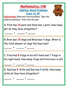 the worksheet for addition word problems with teddy bear and dog on it's back