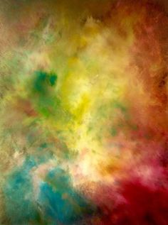 an abstract painting with different colors and shapes on it's surface, including clouds