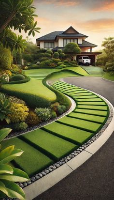 an image of a house in the background with grass and bushes on either side of it