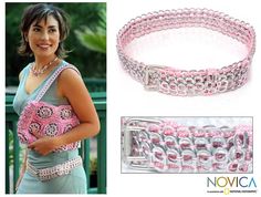 a woman holding a pink purse next to a photo of her belt and the image is made out of plastic beads