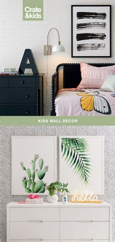 two pictures with plants on the wall and one has a bed in front of it