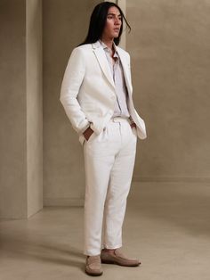 Cut from luxurious linen twill, this beautiful pant stays fresh no matter the temperature with a naturally breathable and lightweight fabrication.  TAILORED SLIM FIT: Undeniably modern, our designers spent 3 years working to refine the fit of this cu White Linen Suits For Men Wedding, White Linen Pants With Straight Hem, Tailored White Linen Bottoms, Tailored White Linen Pants, Slim Fit Straight Leg Linen Pants, White Linen Suits For Men, Linen Suits For Men, Suit For Men Wedding, Linen Pants Suit