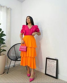 Orange Skirt Outfit, Christian Outfits Modesty, Color Combos Outfit, Casual Party Outfit, Color Blocking Outfits, Modesty Outfits, Orange Outfit, Womens Floral Dress, Fashion Hacks Clothes