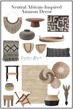 an assortment of african inspired furniture and accessories