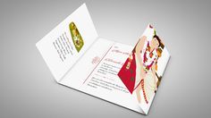 a wedding card with an image of a woman in red and green on the inside