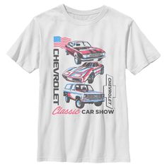 Show your love for American-made cars this Fourth of July with fun, retro-inspired new apparel from General Motors for the whole family! This General Motors Chevrolet American Classic Car Boys' Graphic T-Shirt features a distressed red, blue, and white colorway design of a Chevrolet Chevelle SS, Corvette, and Blaze with the text: "Chevrolet Classic Car Show," across the front. Pair these cool new General Motors oversized sweatshirts with your favorite lived-in denim and get ready to hit the road Vintage Car Shirt, Trending Graphic Tees, Chevrolet Chevelle Ss, Car T Shirt, Classic Car Show, Car Shirts, American Classic Cars, Chevelle Ss, Boys Graphic Tee