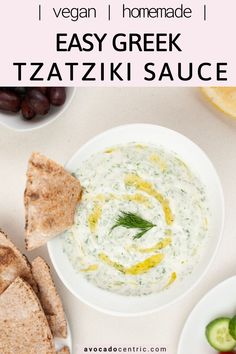 a bowl of greek tzatzziki sauce with pita bread on the side