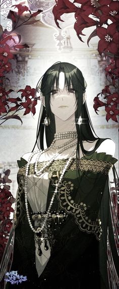 an anime character with long black hair standing in front of red flowers and looking at the camera