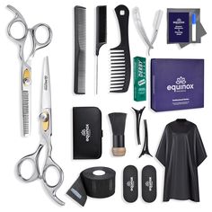 PRICES MAY VARY. Hair Stylist’s Choice. Upgrade your hairstyling game with the Equinox Pro Barber Kit. Set includes 6.5" cutting and thinning shears, 3 combs, 2 hair clips, hair grippers, a straight razor with Derby blades, a cape, neck tissue, a neck duster, and a chic gift box. Crafted for Excellence. Made from premium Japanese stainless steel, our hair cutting kit features precisely tempered blades and hand-sharpened razor-cutting edges. Ergonomic Comfort. Designed with a curved finger rest and comfortable finger holes, the hair scissors ensure optimal control for effortless styling. Fine-tune with an adjustable screw. Versatile Precision. Our hair cutting tools weigh 3.5 oz and measure 6.5” with 2.55” blades. Whether you're a salon worker or a home stylist, our haircut kit is easy for Barber Accessories, Thinning Shears, Barber Haircut, Barber Supplies, Barber Scissors, Hairdressing Scissors, Hair Scissors, Straight Razor, Chic Gifts