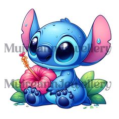 a cute little blue elephant holding a flower in it's paws and sitting on the ground