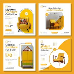 four yellow furniture adverts with different styles and colors, including one for the chair