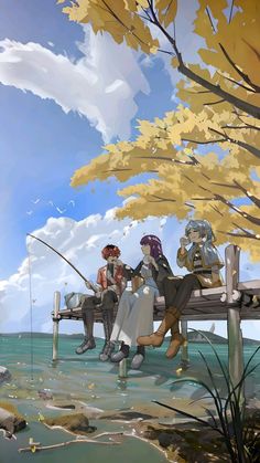 three people sitting on a bench fishing in the water