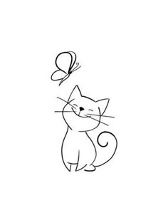 a black and white drawing of a cat with a butterfly on its head