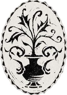 an ornately designed vase with leaves and scrolls on the side, vintage line drawing or engraving