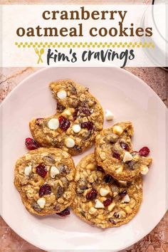 cranberry oatmeal cookies on a white plate with text overlay