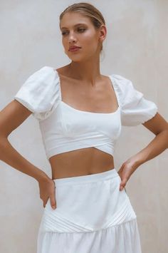 Blanca Linen Crop Top - crop top Chic Square Neck Crop Top For Beach, White Linen Square Neck Top, Summer Crop Top With Smocked Back And Short Sleeves, Linen Tops With Square Neck For Day Out, Square Neck Linen Tops For Day Out, Cotton Cropped Top For Brunch, White Smocked Bodice Crop Top, Square Neck Crop Top For Spring Vacation, Spring Beach Crop Top With Square Neck