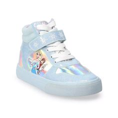 Disney Frozen High Top Sneakers Girl's Size 11 Blue iridescent athletic shoes with a little sparkle. They feature Elsa, Anna, & Olaf on the sides. Super cute! Brand New! MSRP: $60.00 Elsa Shoes, Blaze And The Monster Machines Party, Shoes Disney, Soccer Theme, Girls High Top Sneakers, Girls High, Footwear Collection, Girls Sneakers, High Top Shoes