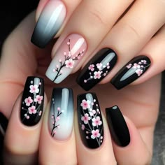 Pink Black Nails Designs, Jojo Nails, Clawed Beauty, Nerd Nails, Designed Nails, Bee Nails, Cherry Blossom Nails