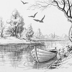 a pencil drawing of a boat in the water with birds flying around it and trees