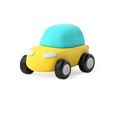 a yellow toy car with a blue hat on it's top and black wheels