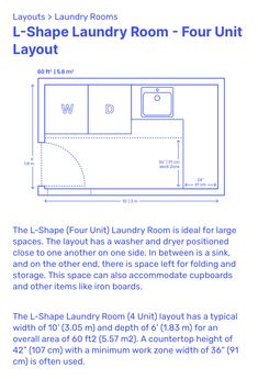 the l shape laundry room - four unit layout is shown in blue and white text