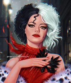 a digital painting of a woman with white hair and red dress holding a black bird