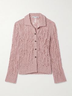 Acne Studios' cotton-blend cardigan is spun with a slim open-knit construction to give it an almost distressed appearance. It fastens with a row of buttons that stops before the hem and has flared sleeves. Layer yours over a bralette or camisole for coverage. Acne Studio, Acne Shop, Knitwear Cardigan, Open Knit, Knit Cotton, Pink Cotton, Flared Sleeves, Women Collection, Knit Cardigan