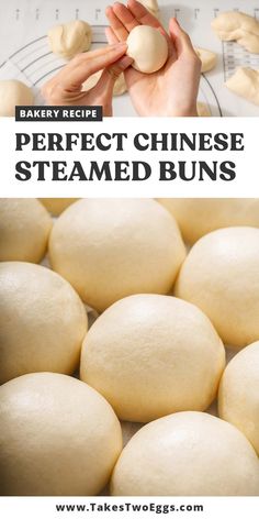 the perfect chinese steamed buns recipe is shown in front of an image with text overlay