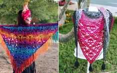 two pictures one with a crochet shawl and the other with a knitted shawl