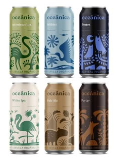 six different types of beer cans in various colors and designs, all with the same label