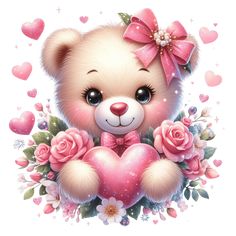 a cute teddy bear holding a heart surrounded by pink roses and hearts on a white background