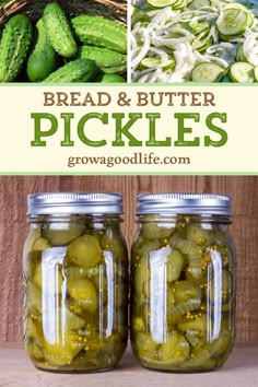 two jars filled with pickles sitting on top of a wooden table next to cucumbers