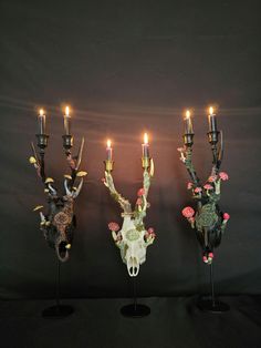 three deer heads with candles in their antlers and one is wearing a skull head