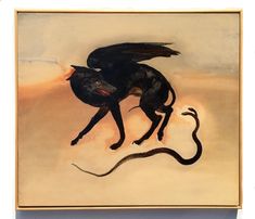 a painting of a black dog with wings on it's back, and a snake in the foreground