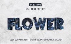 the text flower is made up of blue and purple flowers on a white background with black letters