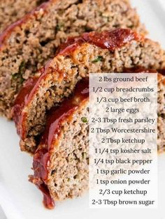 a close up of meatloaf on a plate with instructions for how to make it