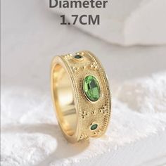 New Retro Italian Craft Ring Court Style Horse Eye Round Colored Diamond Beaded Classic Wide Gold Plated Ring For Women Green Metal Rings For Anniversary, Green Metal Anniversary Rings, Retro Italian, Horse Eye, Eye Round, New Retro, Gold Plated Rings, Types Of Rings, Ring For Women