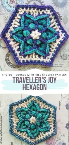 two crocheted hexagons with the words traveller's joy written on them