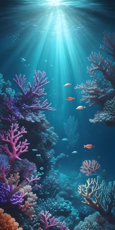 an underwater scene with corals and fish in the water, sunlight shining down on them