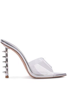 silver-tone leather metallic finish high heel spike stud detailing transparent strap pointed open toe Spike Heels, Loafer Mules, Demi Fine Jewelry, Fine Watches, Summer Beach Wear, Flat Boots, Fine Earrings, Ballet Flat Shoes, Pump Sandals