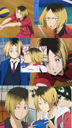 some anime characters with different expressions on their faces and in the background, one is holding a volleyball ball