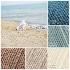 several different colors of yarn with seagull in the background and beach scene behind them