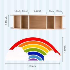 a wall shelf with a rainbow painted on it and measurements for the shelves above them