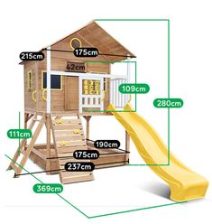 a wooden play house with a yellow slide and measurements for the top floor, bottom level