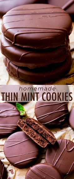 homemade thin mint cookies with chocolate frosting on top and in the middle, stacked up