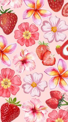 a pink background with flowers and strawberries