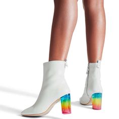 The Rainbow Strut Ankle Boots From Kurt Geiger London Are A Subtle Way To Add Colour From Day To Night. Featuring A White Upper In Smooth Leather With Heel Tab, Inside Silver Zip And Square Toe Finished With A Transparent 85mm Rainbow Heel. Upper: Leather, Sole: Synthetic Please See The Marked Photos For Imperfections. Spring Ankle-high Heeled Boots With Contrasting Heel, High Heel Boots With Contrasting Heel For Spring, Spring High Heeled Boots With Contrasting Heel Counter, White Heeled Boots With Round Toe For Spring, White Heeled Boots With Sculpted Heel And Medium Width, White Heeled Boots With Sculpted Heel And Pointed Toe, White Pointed Toe Heeled Boots With Sculpted Heel, White Ankle Boots With Sculpted Heel, White Pointed Toe Boots With Sculpted Heel