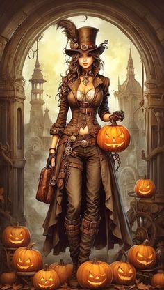 a woman dressed in steampunk clothing with pumpkins